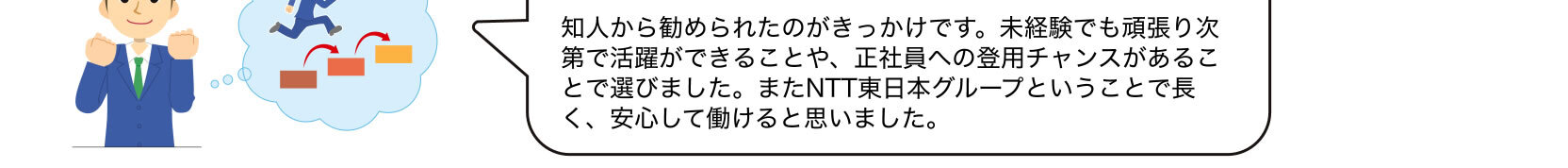 知人から勧められたのがきっかけです。未経験でも頑張り次第で活躍ができることや、正社員への登用チャンスがあることで選びました。またNTT東日本グループということで長く、安心して働けると思いました。